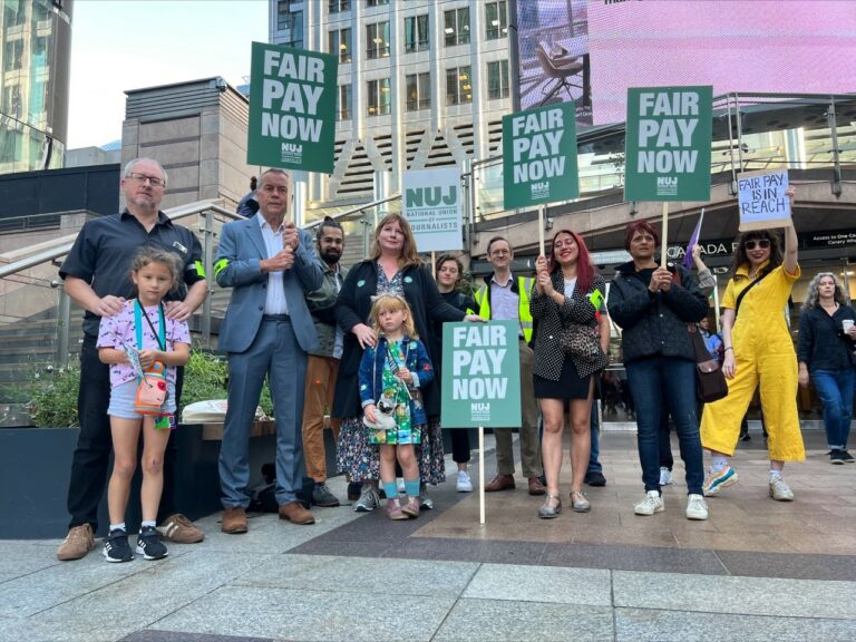 Picketing Reach journalists at Canary Wharf