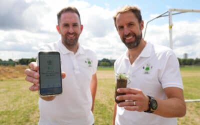 Wembley's grounds manager Karl Standley and Gareth Southgate check out the app