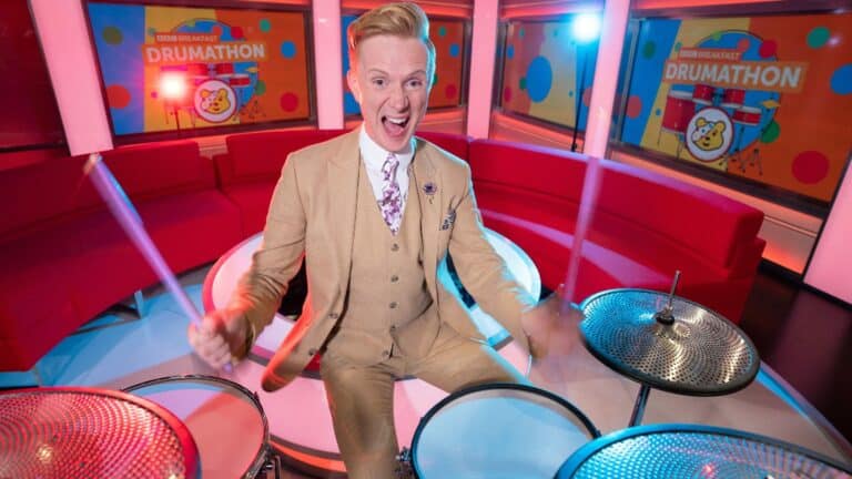 Owain Wyn Evans at his record-breaking drum stool