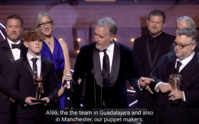 Gustafson, speaking, and del Toro, right, at the BAFTAs. BAFTA/YouTube