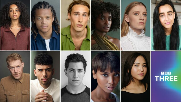 Top row L-R: Siena Kelly (Domino Day), Percelle Ascott (Leon), Sam Howard Sneyd (Silas), Babirye Bukilwa (Sammie), Poppy Lee Friar (Geri), Maimuna Memon (Verdita). Bottom row L-R: Kris Hitchen (Cal), Christopher Jeffers (Mike), Jonah Rzeskiewicz (Jason),