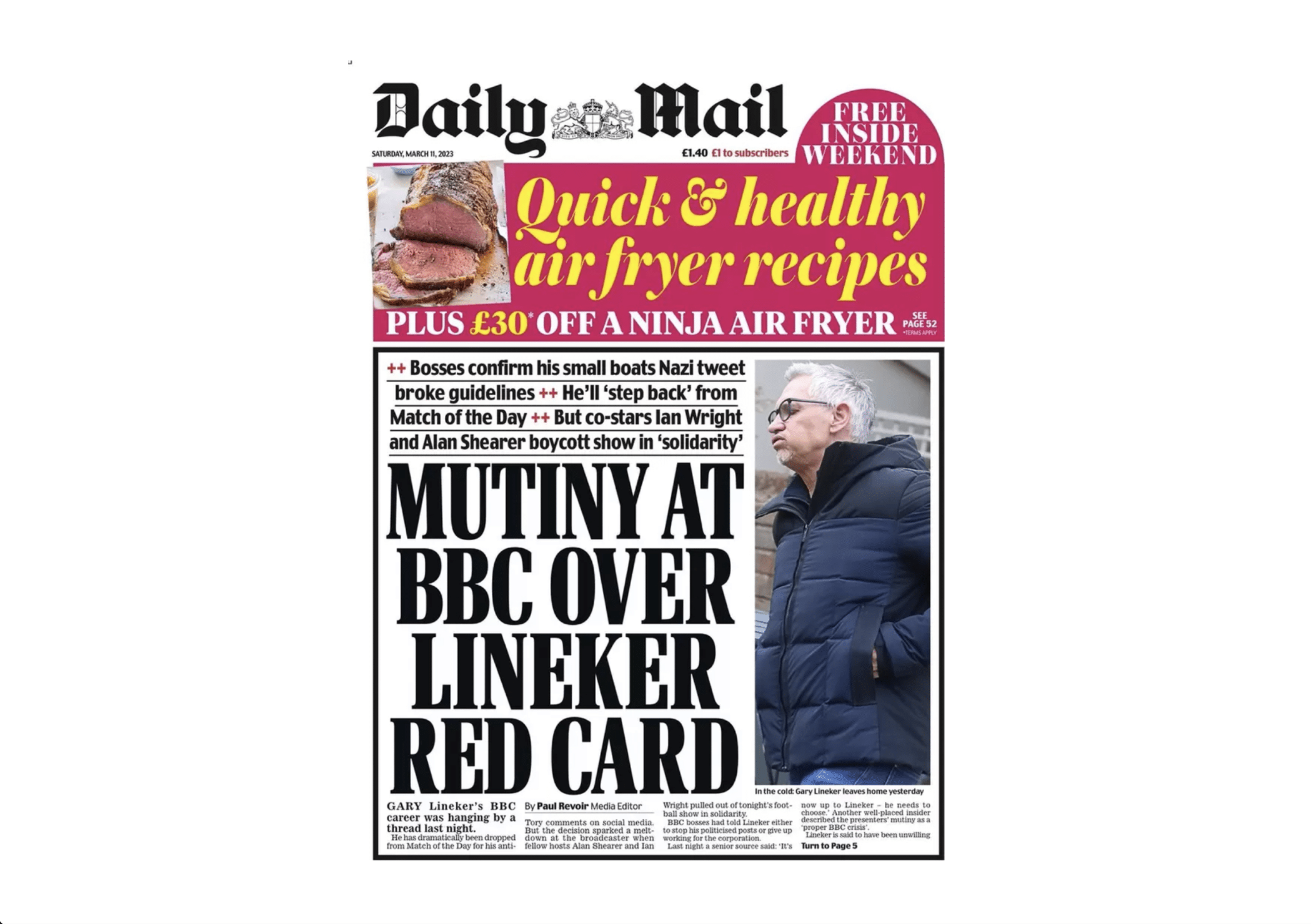 Saturday's Daily Mail front page