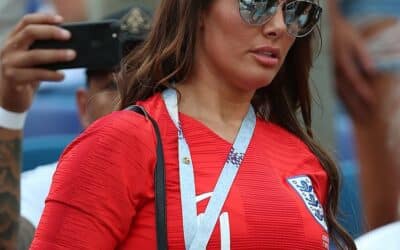 Rebekah Vardy watches husband Jamie v Panama at the 2018 World Cup