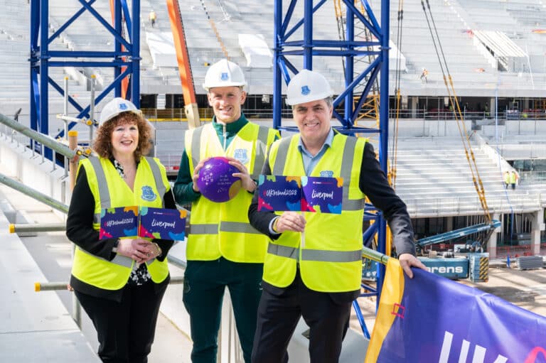 Theresa Grant, interim CEO of Liverpool CC, Jordan Pickford and Liverpool mayor Steve Rotheram celeb