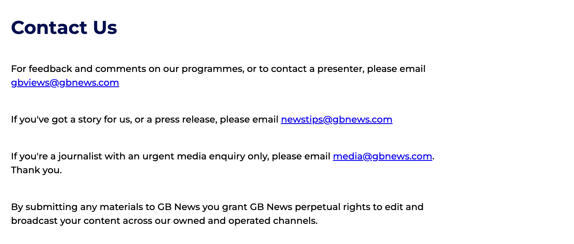 GB News website's contact options