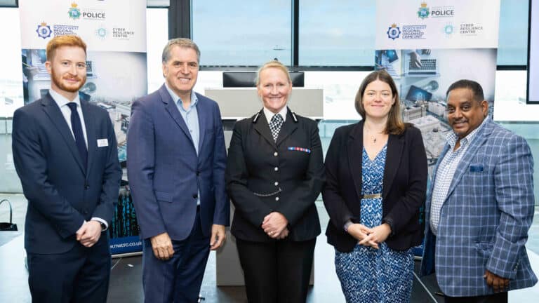 The Merseyside Cyber Security Programme launch, including (centre three, l-r) Steve Rotheram, CC Serena Kennedy and Commissioner Emily Spurrell.