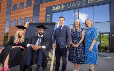 Two graduates from UA92 with co-founder Gary Neville, Marnie Millard (chair), Sara Prowse (CEO)